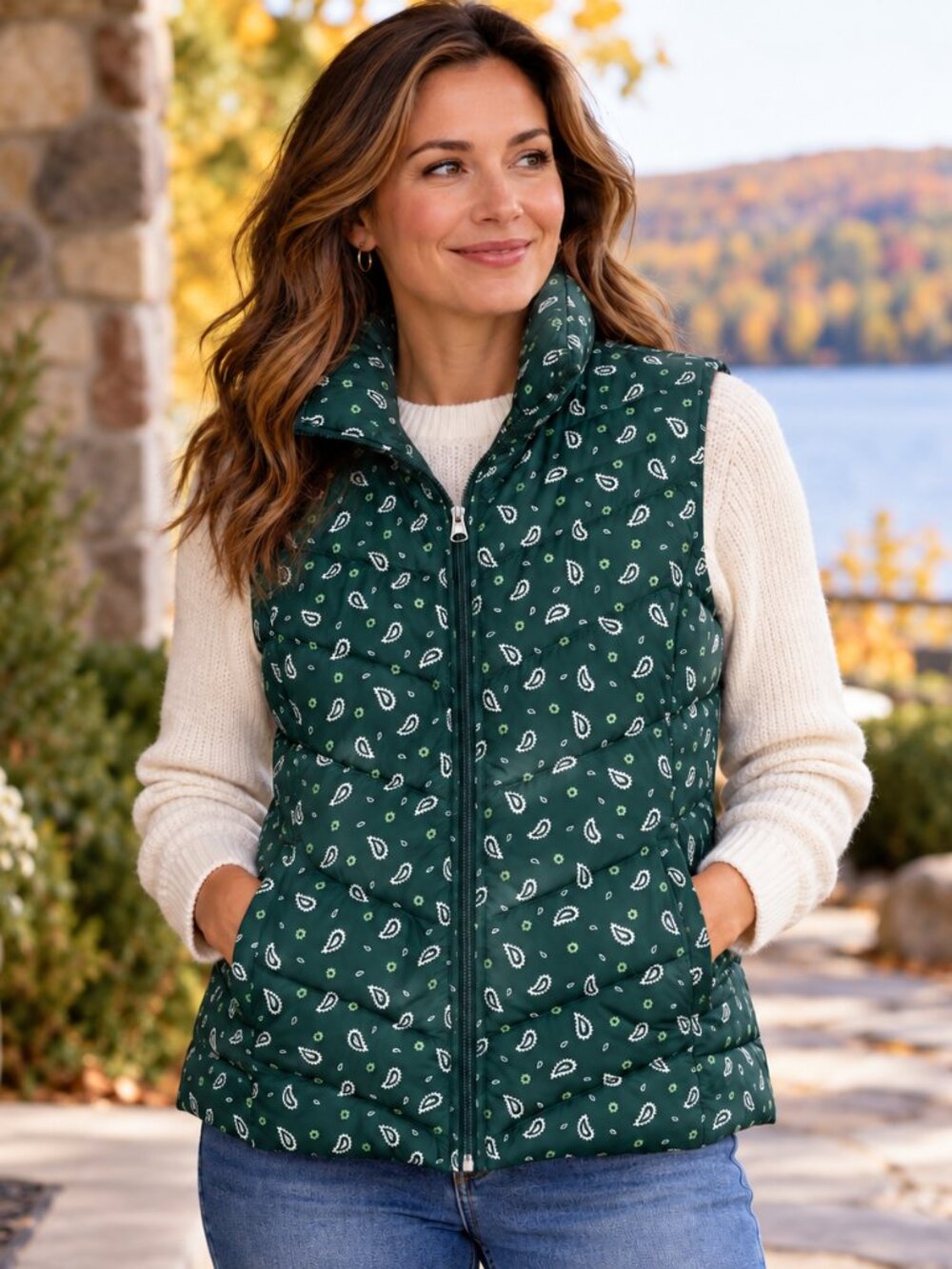 Lands End Womens Paisley Down Puffer Vest M Green 600 Fill Preppy Granola NWT